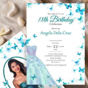 Teal Butterflies And Dress 18th Birthday Debut Invitation