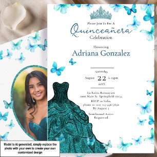 Teal Butterflies Dress Tiara Photo Quinceanera Invitation