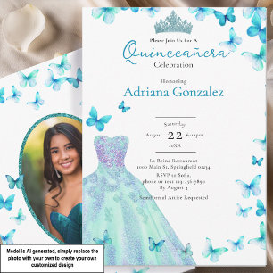 Teal Butterflies Dress Tiara Photo Quinceanera Invitation
