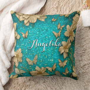 Teal Butterflies Faux Gold Glitter Custom Name Throw Pillow