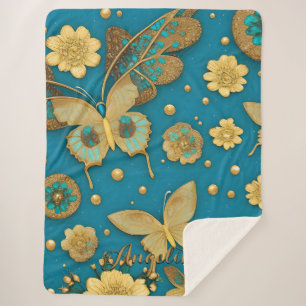 Teal Butterflies, Gold Glitter Personalized Name Sherpa Blanket