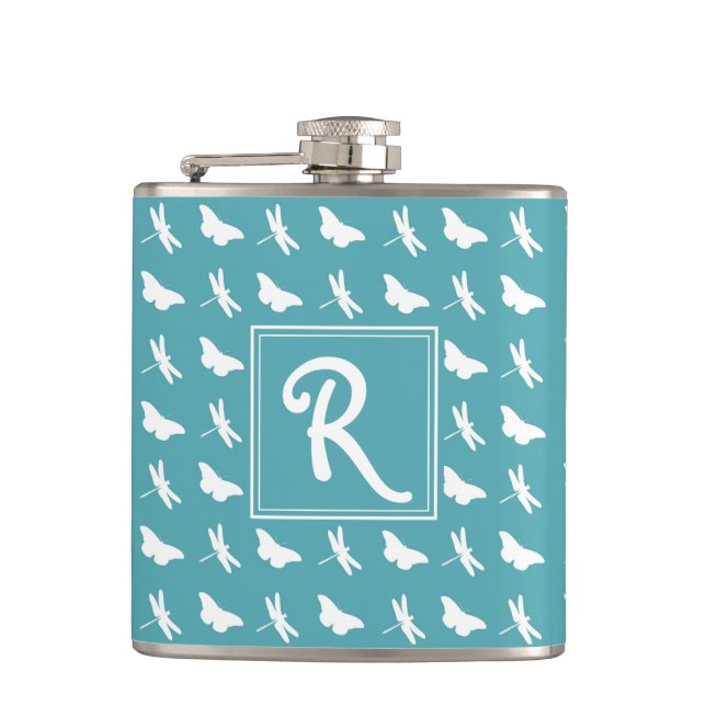 Teal Butterfly and Dragonfly Monogram Hip Flask (Front)