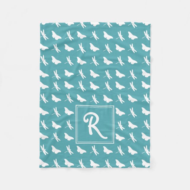 Teal Butterfly and Dragonfly Pattern Monogram Fleece Blanket (Front)