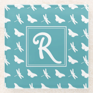 Teal Butterfly and Dragonfly Pattern Monogram Glass Coaster