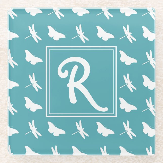 Teal Butterfly and Dragonfly Pattern Monogram Glass Coaster (Front)