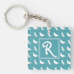 Teal Butterfly and Dragonfly Pattern Monogram Keychain