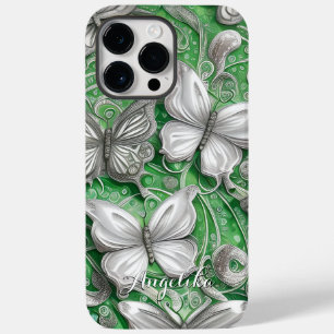 Teal Butterfly and Glitter Personalized Name Case-Mate iPhone 14 Pro Max Case