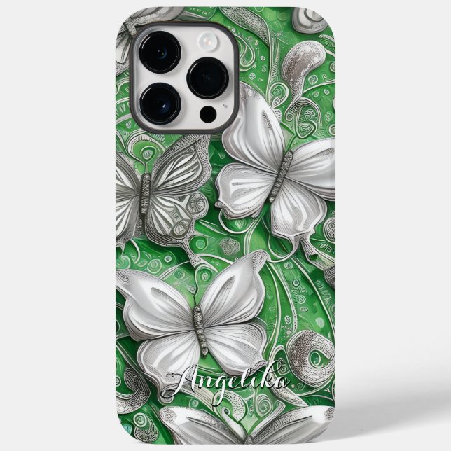Teal Butterfly and Glitter Personalized Name Case-Mate iPhone Case (Back)