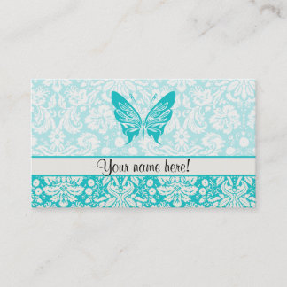 Teal Butterfly; Damask Pattern Business Card