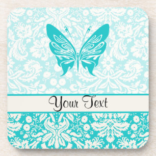 Teal Butterfly; Damask Pattern Coaster