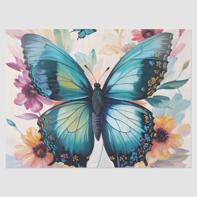 Teal Butterfly Floral Multicolor Art Tissue Paper (Front)