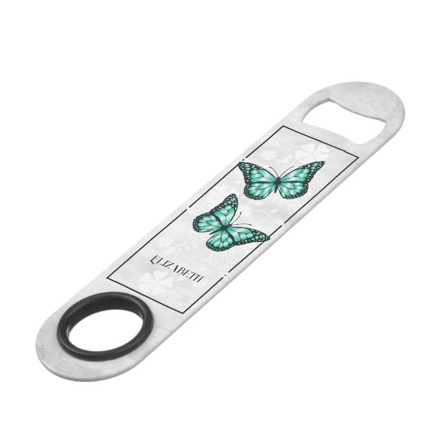 Teal Butterfly Floral Personalized Bar Key (Front Angled)