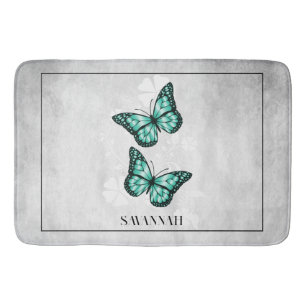 Teal Butterfly Floral Personalized Bath Mat