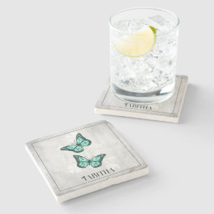 Teal Butterfly Floral Personalized Stone Coaster