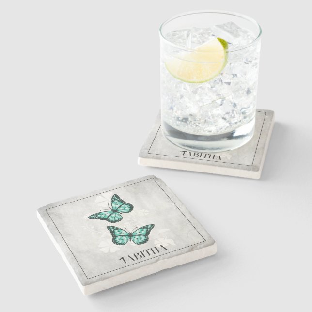 Teal Butterfly Floral Personalized Stone Coaster (Side)
