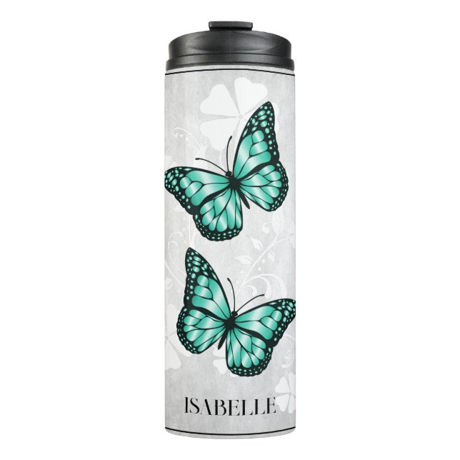 Teal Butterfly Floral Personalized Thermal Tumbler (Front)