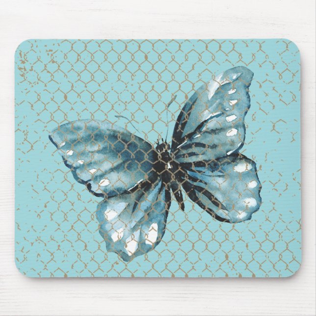 Teal Butterfly in Chain Link Fence Design Mouse Pad (Front)