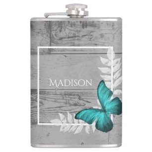 Teal Butterfly Rustic Flask
