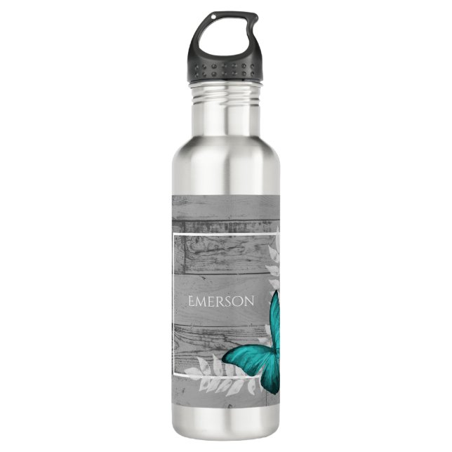 Teal Butterfly Rustic Personalized 710 Ml Water Bottle (Front)