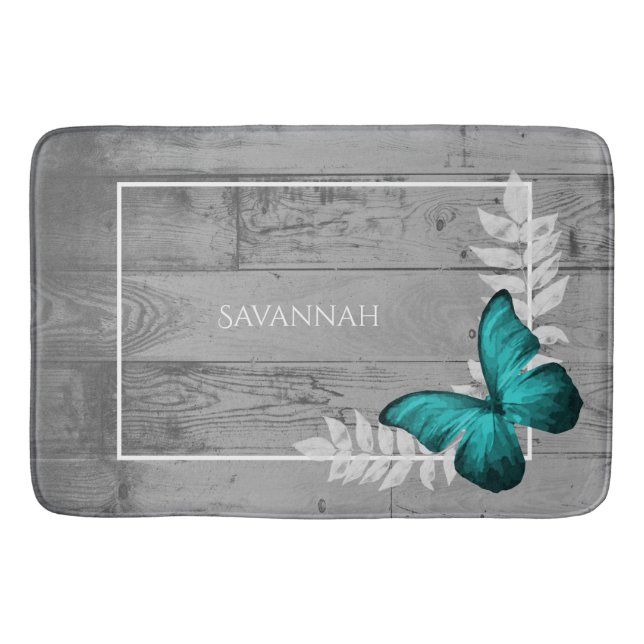 Teal Butterfly Rustic Personalized Bath Mat (Front)