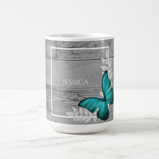 Teal Butterfly Rustic Personalized Coffee Mug (Center)
