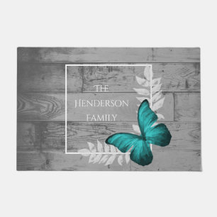 Teal Butterfly Rustic Personalized Doormat