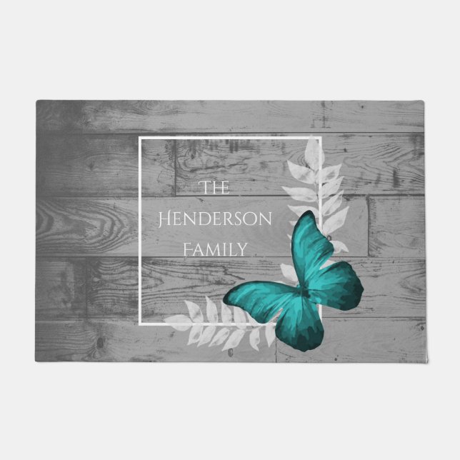 Teal Butterfly Rustic Personalized Doormat (Front)