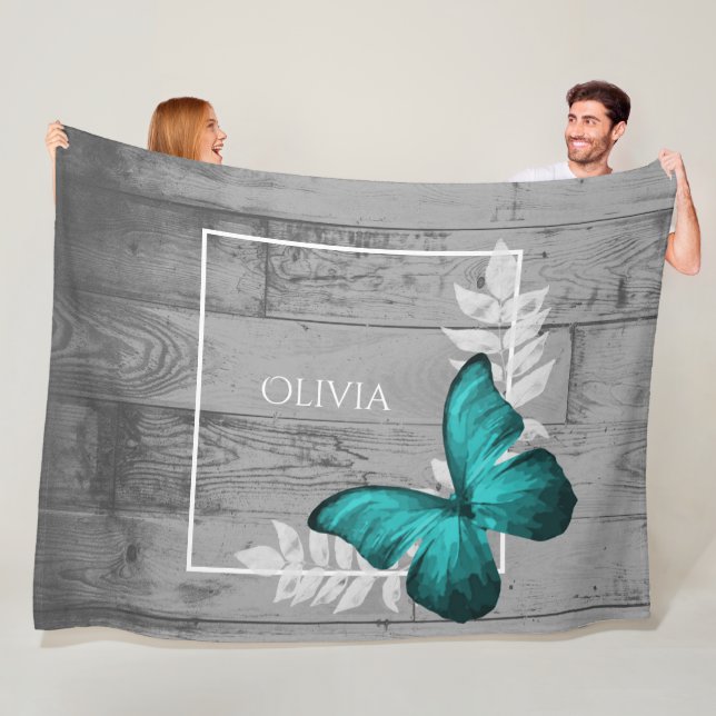 Teal Butterfly Rustic Personalized Fleece Blanket (In Situ)