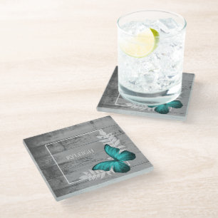 Teal Butterfly Rustic Personalized Glass Coaster
