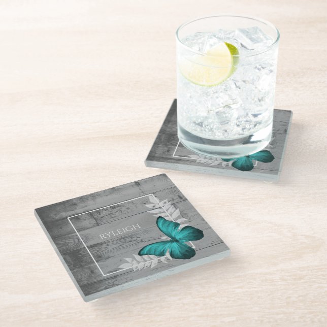 Teal Butterfly Rustic Personalized Glass Coaster (Angled)