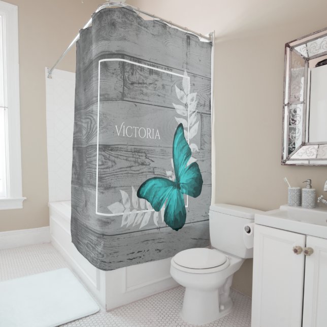 Teal Butterfly Rustic Personalized Shower Curtain (In Situ)