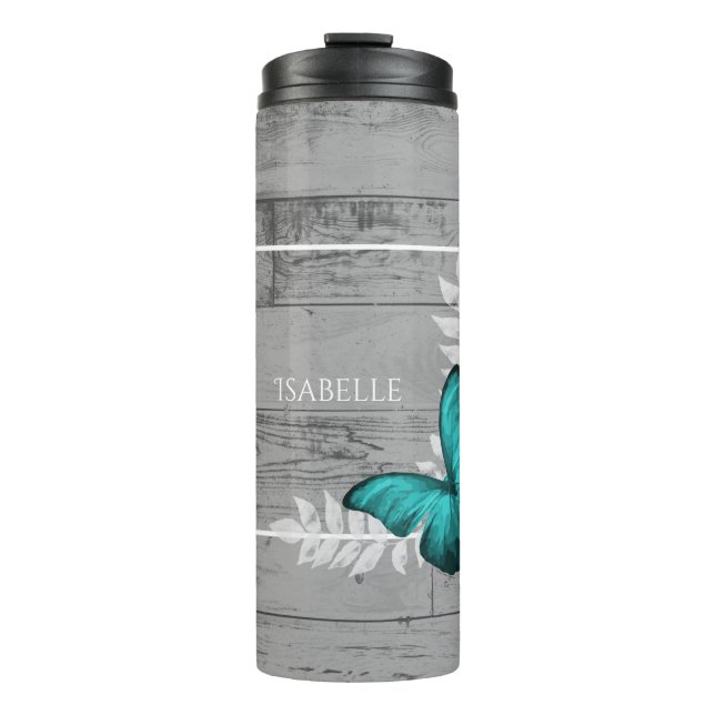 Teal Butterfly Rustic Personalized Thermal Tumbler (Front)