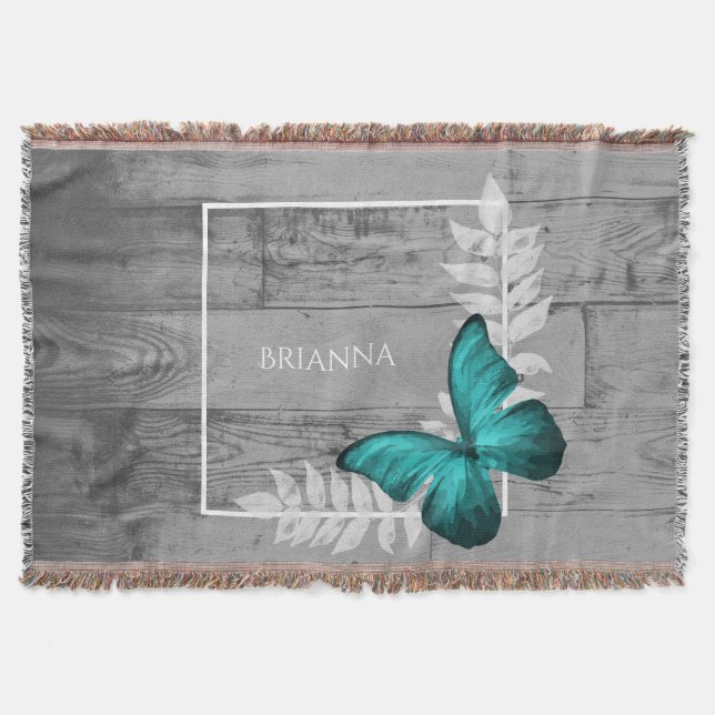Teal Butterfly Rustic Personalized Throw Blanket (Front)