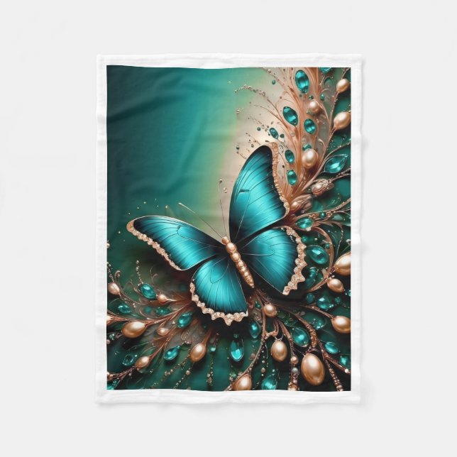 Teal Butterfly Sherpa Throw Fleece Blanket (Front)