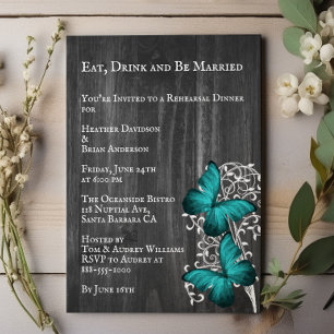 Teal Butterfly Wedding Rehearsal Dinner Invitation