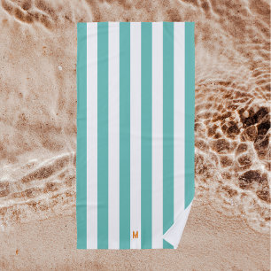 Teal Cabana Stripe & Personalized Orange Monogram Beach Towel