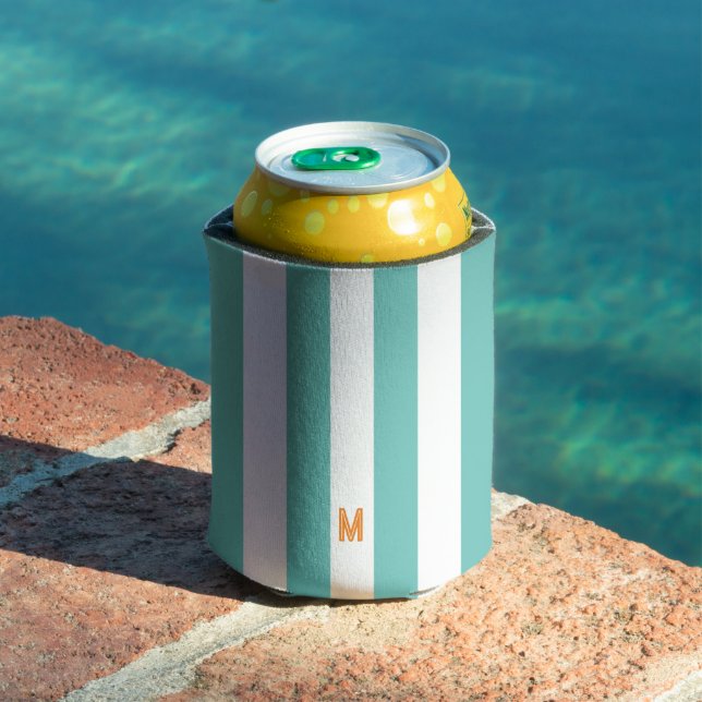 Teal Cabana Stripe & Personalized Orange Monogram Can Cooler (In Situ Pool)