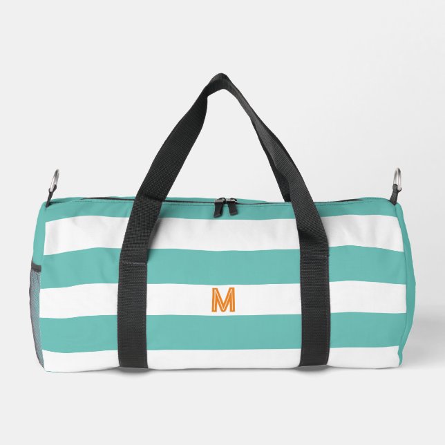 Teal Cabana Stripe & Personalized Orange Monogram Duffle Bag (Back)