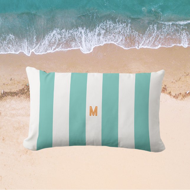Teal Cabana Stripe & Personalized Orange Monogram Lumbar Pillow (Creator Uploaded)