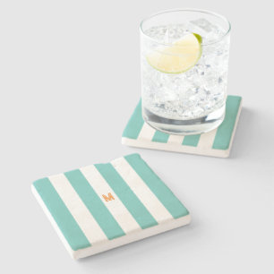 Teal Cabana Stripe & Personalized Orange Monogram Stone Coaster