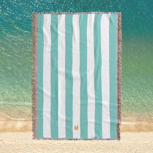Teal Cabana Stripe & Personalized Orange Monogram Throw Blanket