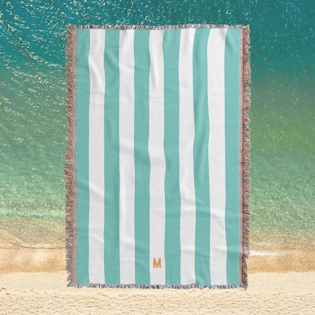 Teal Cabana Stripe & Personalized Orange Monogram Throw Blanket (Creator Uploaded)