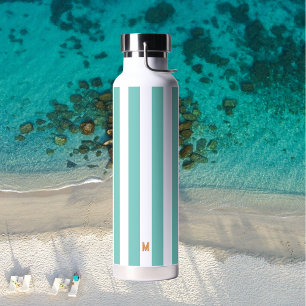 Teal Cabana Stripe & Personalized Orange Monogram Water Bottle