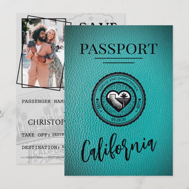 Teal California Passport Save The Date (Front/Back)
