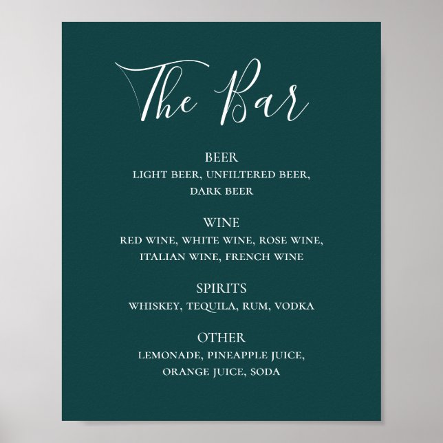 Teal calligraphy script wedding drinks bar menu poster (Front)