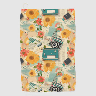Teal Camera Golden Sunflower Summer Collage Golf Towel