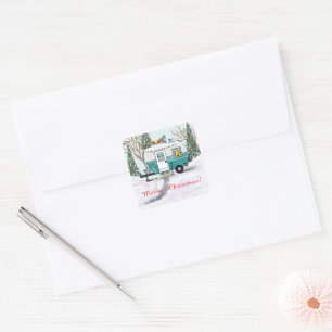 Teal Camper Christmas Square Sticker