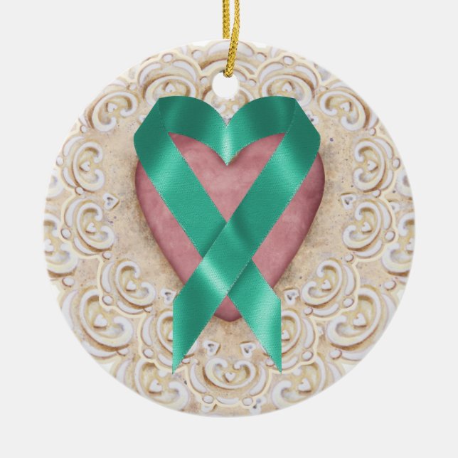 Teal Cancer Ribbon From the Heart - SRF Ceramic Ornament (Front)