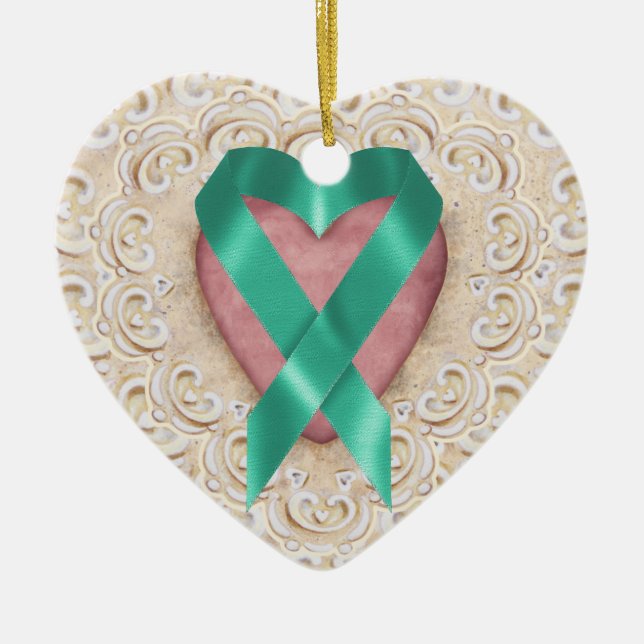 Teal Cancer Ribbon From the Heart - SRF Ceramic Ornament (Front)