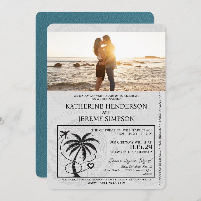 Teal Cancun Passport Wedding Invitation (Front/Back)